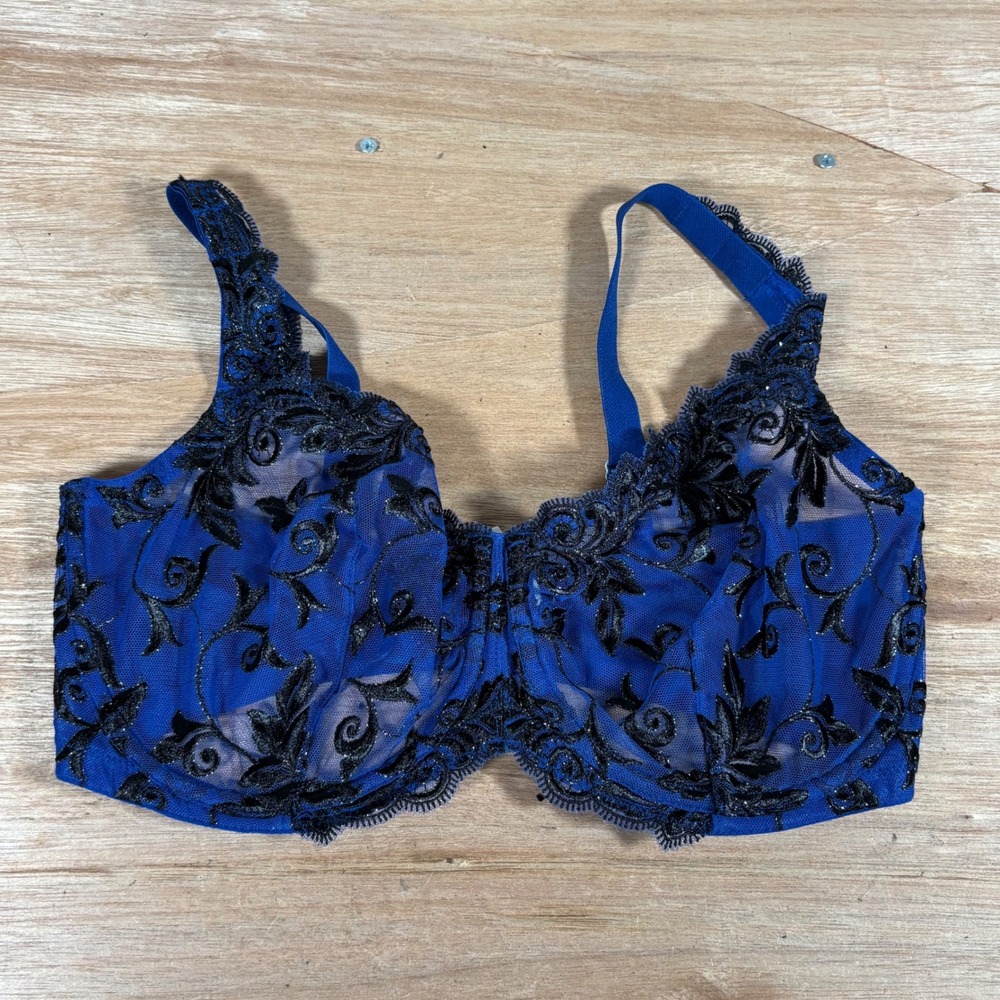 Soma Sensuous Lace Unlined Underwire Bra 36DDD Royal Blue Black Glitter Floral